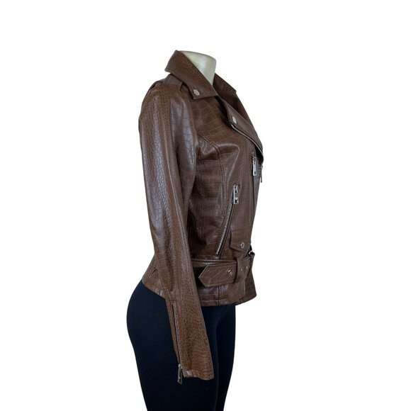 Michael Kors Womens Brown Polyurethane Croc-Embossed Belted Moto Jacket Sz XS - Picture 2 of 10